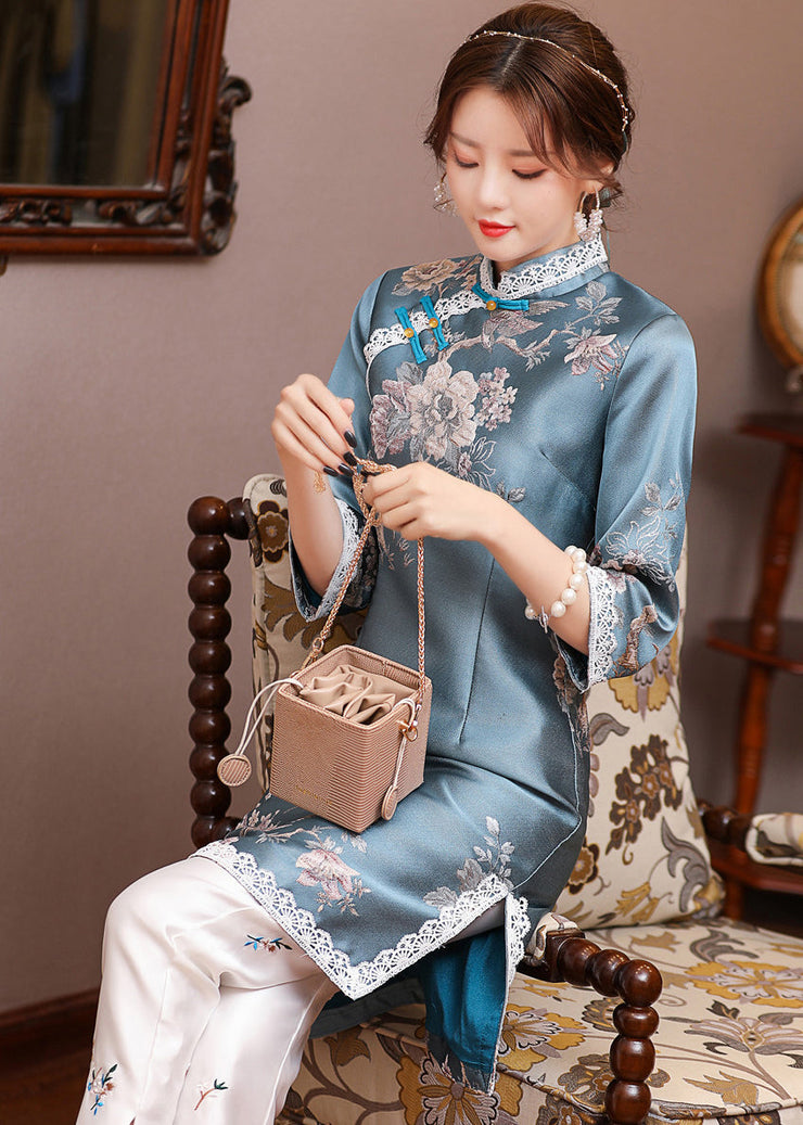 Jacquard Blue Stand Collar Side Open Button Satin Cheongsam Mid Dress Long Sleeve