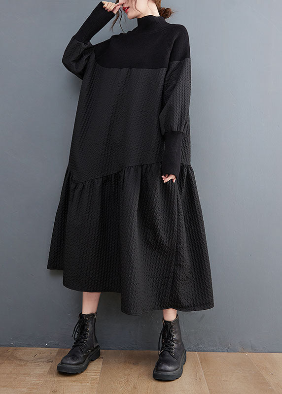 Jacquard Brown Turtleneck Knit Patchwork Long Dress Fall