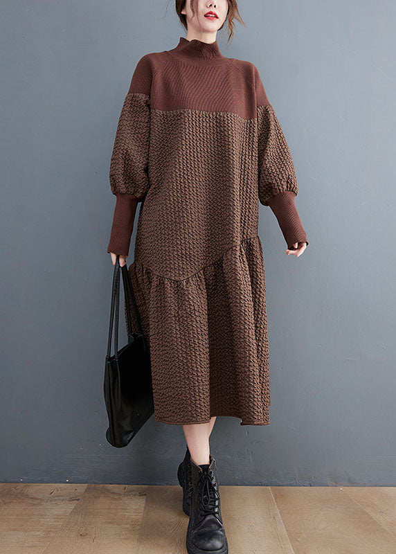 Jacquard Brown Turtleneck Knit Patchwork Long Dress Fall