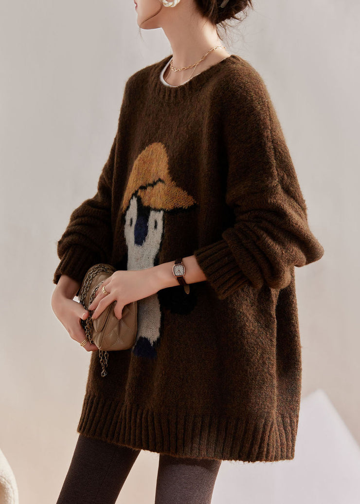 Jacquard Coffee O-Neck Thick Cotton Knit Sweater Winter