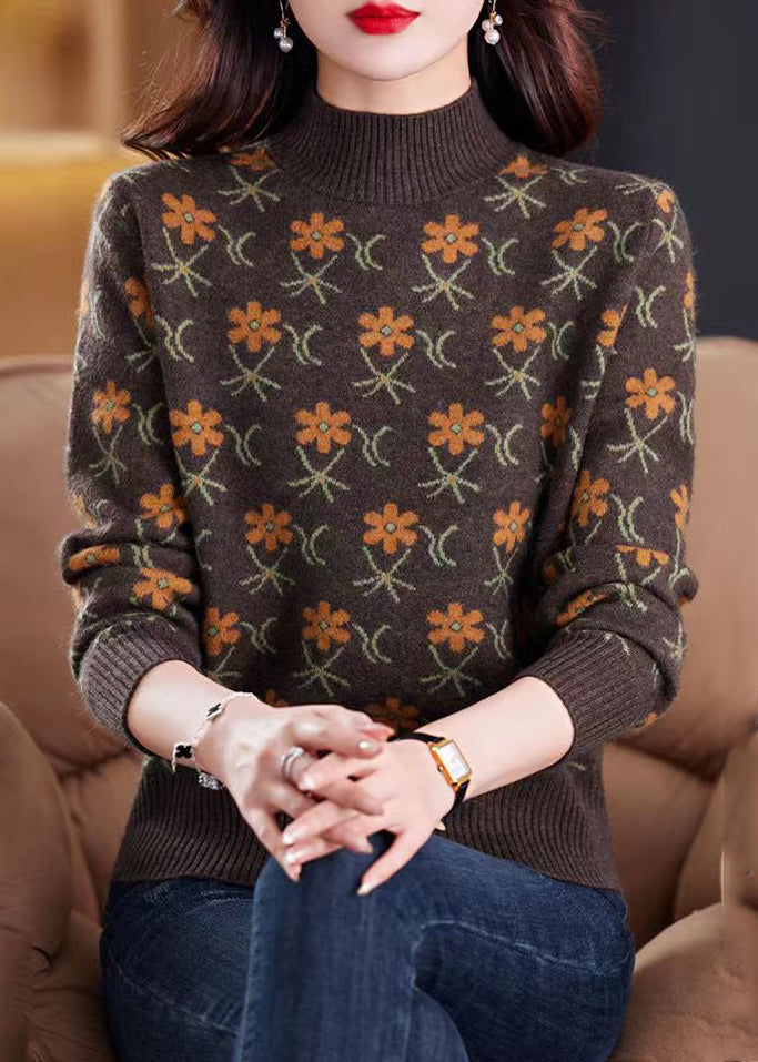 Jacquard Coffee Turtleneck Cozy Knit Sweaters Spring