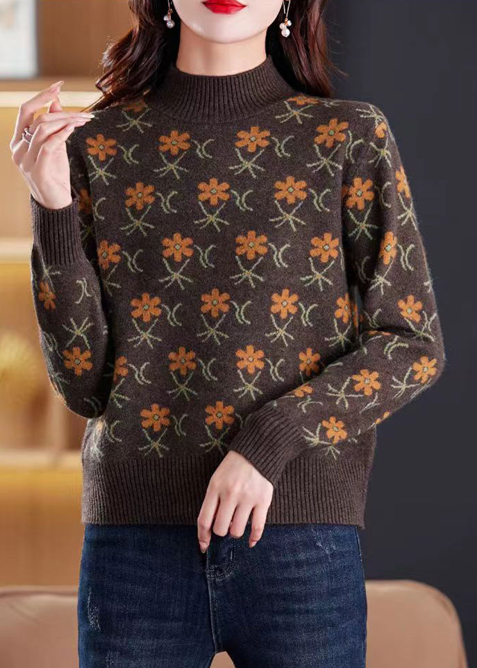 Jacquard Coffee Turtleneck Cozy Knit Sweaters Spring