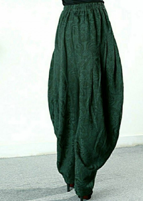 Jacquard Green Elastic Waist Linen Lantern Pants Spring