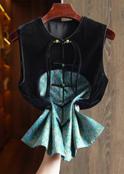 Jacquard Green O Neck Button Patchwork Silk Velour Waistcoat Sleeveless