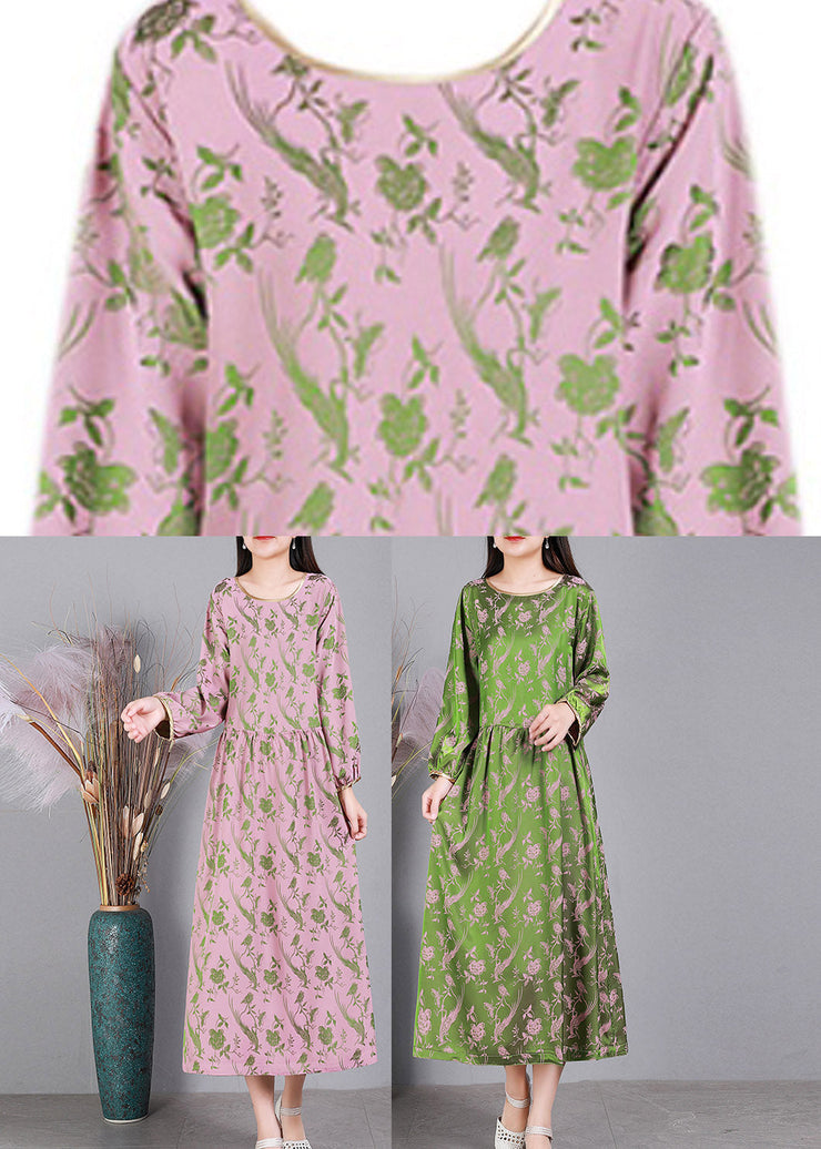 Jacquard Green O-Neck Silk Dress Long Sleeve