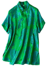 Jacquard Green Stand Collar Button Side Open Silk Tops Short Sleeve