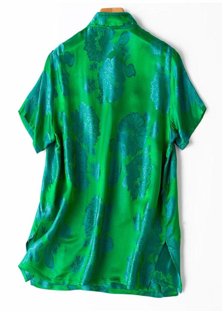 Jacquard Green Stand Collar Button Side Open Silk Tops Short Sleeve