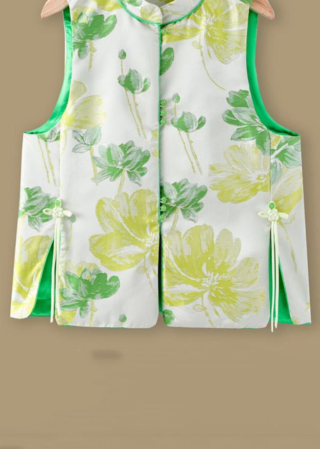 Jacquard Green Stand Collar Button Silk Waistcoat Sleeveless