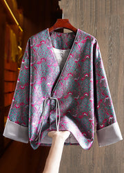 Jacquard Green V Neck Chinese Button Patchwork Silk Coats Long Sleeve