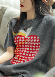 Jacquard Grey O-Neck Knit Pullover Short Sleeve