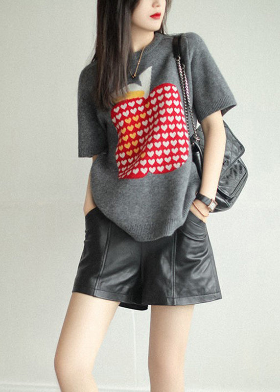 Jacquard Grey O-Neck Knit Pullover Short Sleeve