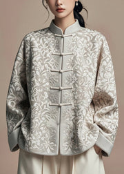 Jacquard Grey Stand Collar Button Silk Cotton Coat Fall