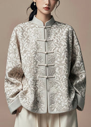 Jacquard Grey Stand Collar Button Silk Cotton Coat Fall