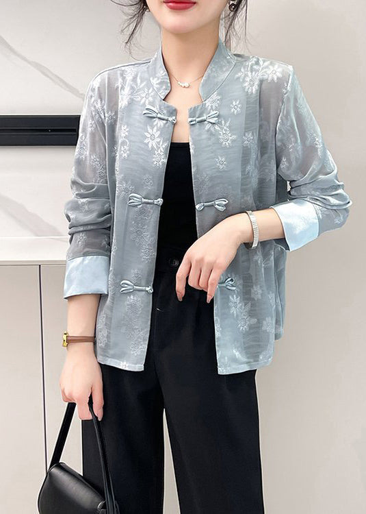 Jacquard Grey Stand Collar Patchwork Silk Shirts Fall