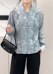 Jacquard Grey Stand Collar Patchwork Silk Shirts Fall