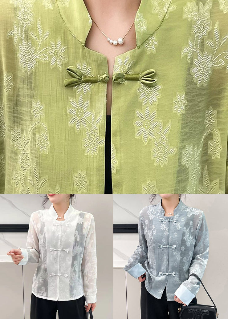 Jacquard Grey Stand Collar Patchwork Silk Shirts Fall