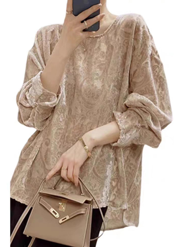 Jacquard Khaki O Neck  Silk Velour Shirt Fall