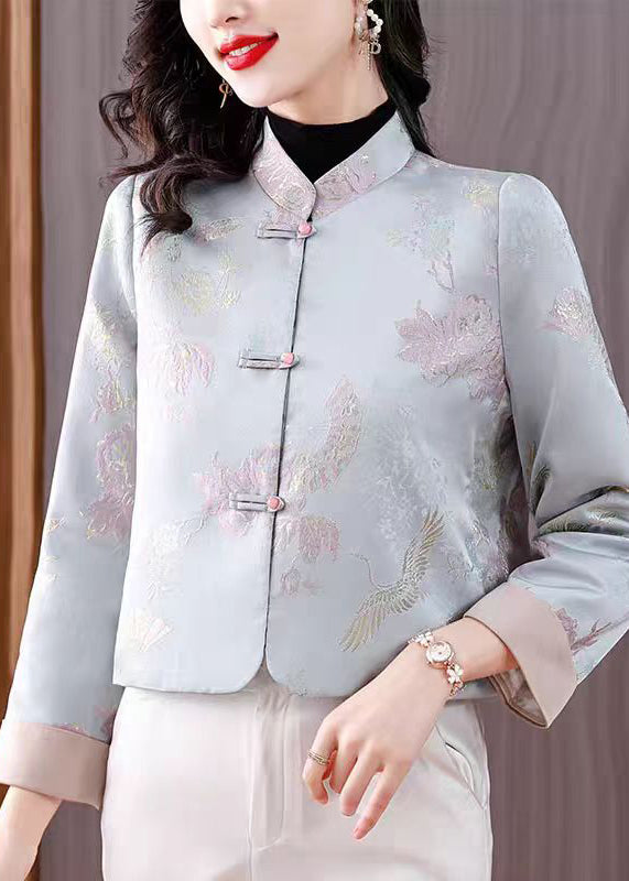 Jacquard Light Blue Stand Collar Button Cotton Coats Fall