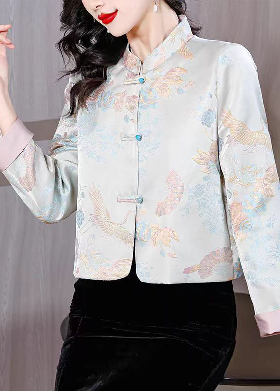 Jacquard Light Blue Stand Collar Button Silk Coats Fall