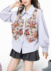 Jacquard Llight Purple Peter Pan Collar Print Tassel Button Shirt Puff Sleeve