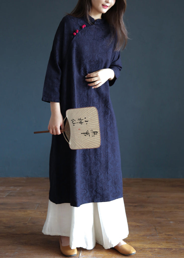 Jacquard Navy Blue Stand Collar Embroideried Floral Button Maxi Dresses Spring