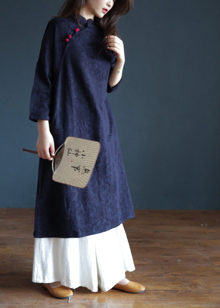 Jacquard Navy Blue Stand Collar Embroideried Floral Button Maxi Dresses Spring