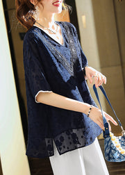 Jacquard Navy V Neck Patchwork Chiffon T Shirt Summer