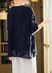 Jacquard Navy V Neck Patchwork Chiffon T Shirt Summer