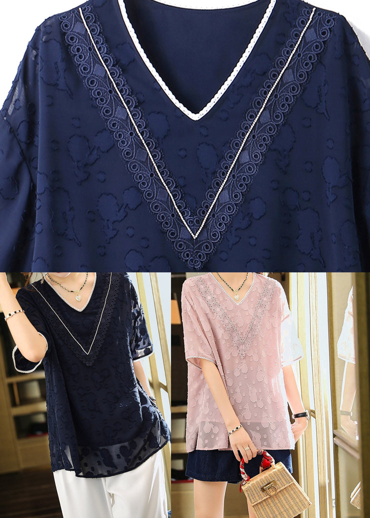 Jacquard Navy V Neck Patchwork Chiffon T Shirt Summer