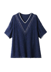 Jacquard Navy V Neck Patchwork Chiffon T Shirt Summer