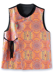 Jacquard Orange O Neck Lace Up Patchwork Silk Waistcoat Sleeveless