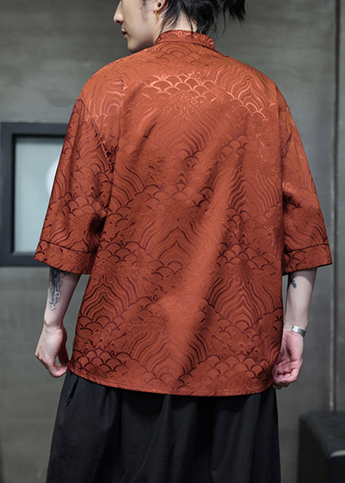 Jacquard Orange Stand Collar Chinese Button Ice Silk Men Shirts Summer