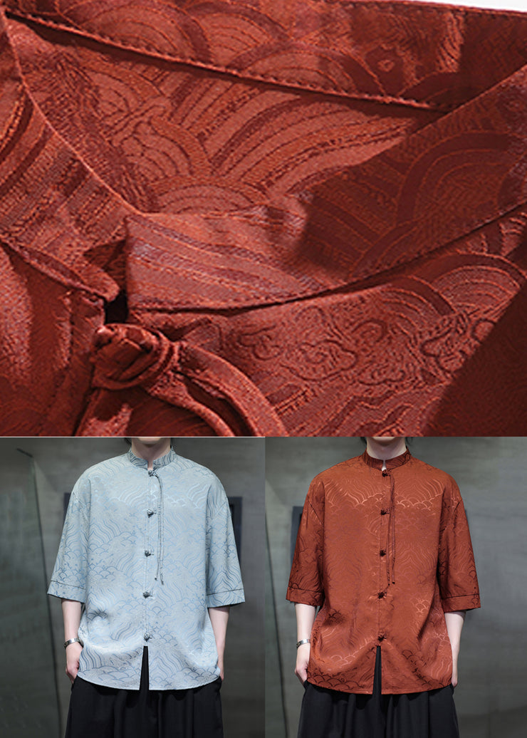 Jacquard Orange Stand Collar Chinese Button Ice Silk Men Shirts Summer