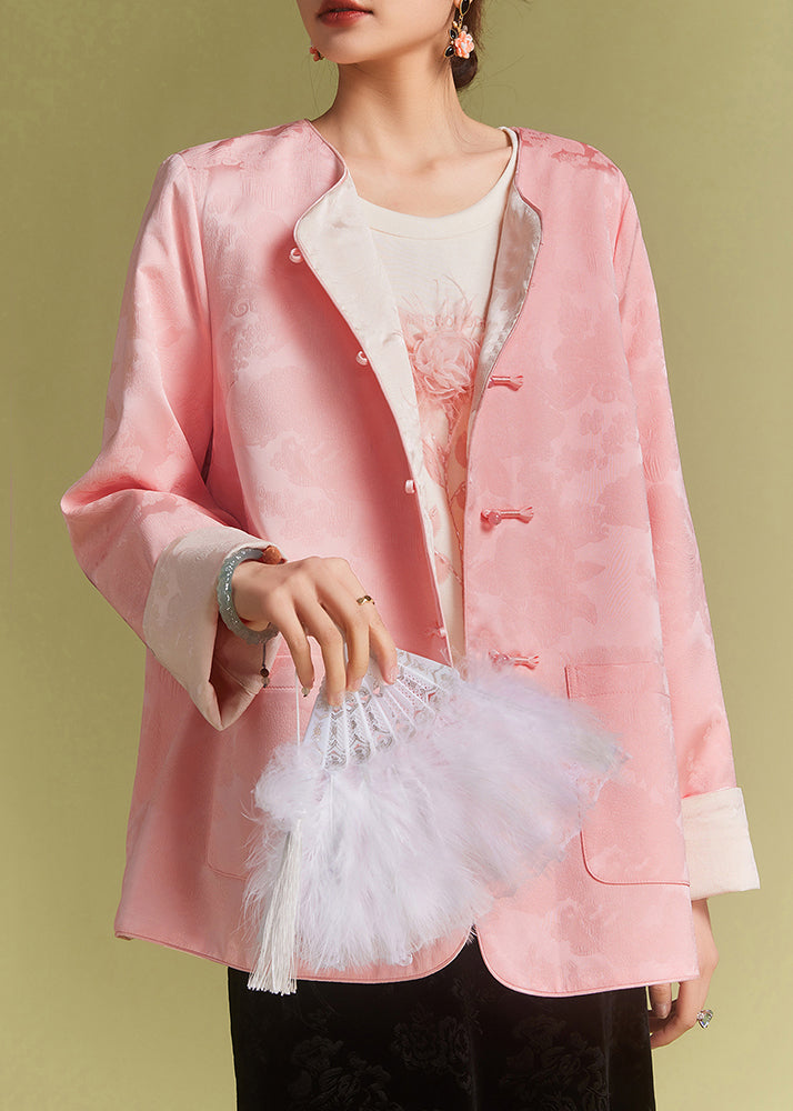 Jacquard Pink Button Pockets Silk Coat Long Sleeve