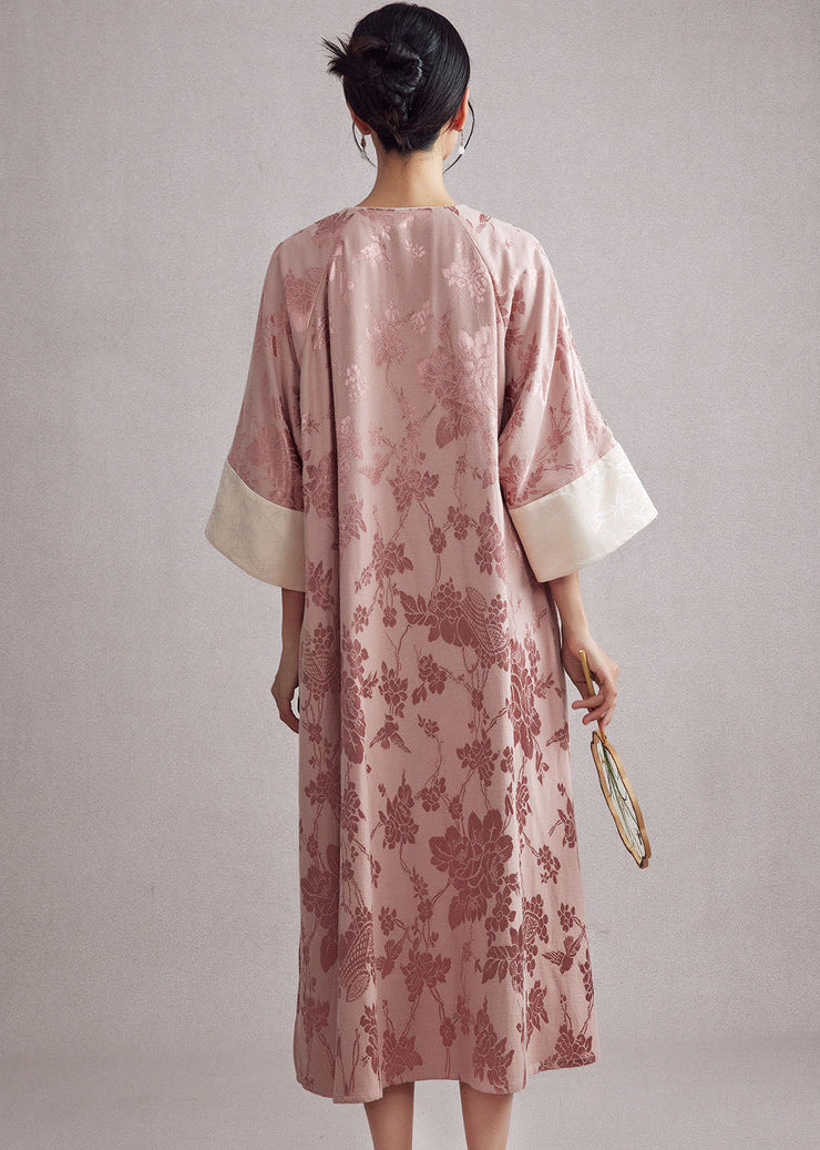 Jacquard Pink O-Neck Pockets Button Long Dresses Long Sleeve