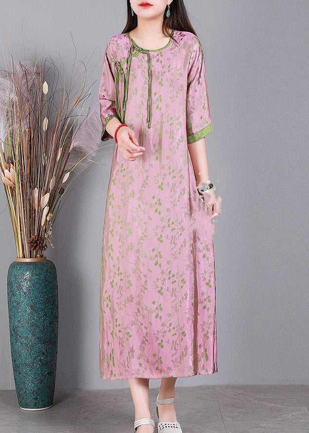 Jacquard Pink O-Neck Print Button Silk Long Dress Half Sleeve