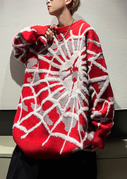 Jacquard Red O Neck Spider Cozy Cotton Knit Men Sweater Winter