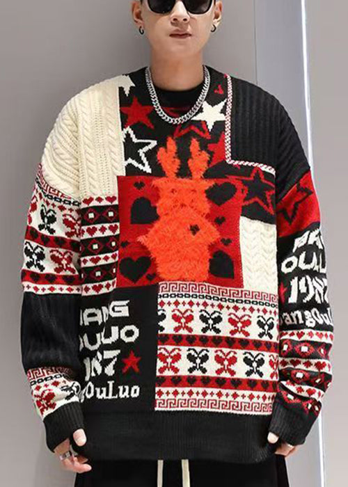 Jacquard Red Original Design Thick Cotton Knit Men Sweater Winter