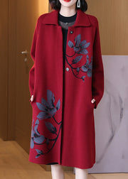 Jacquard Red Peter Pan Collar Button Pockets Woolen Coat Spring