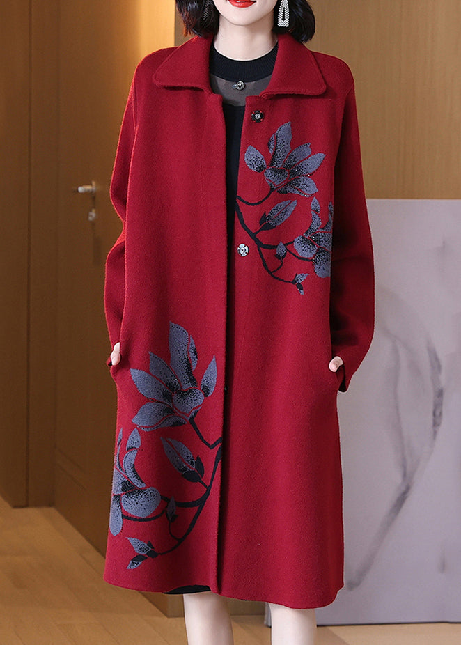 Jacquard Red Peter Pan Collar Button Pockets Woolen Coat Spring