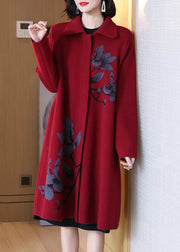 Jacquard Red Peter Pan Collar Button Pockets Woolen Coat Spring