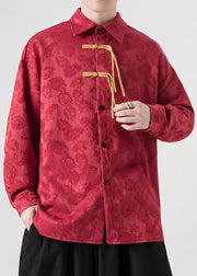 Jacquard Red Peter Pan Collar Button Warm Fleece Shirt Men Winter