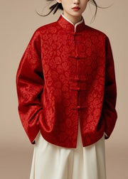 Jacquard Red Stand Collar Button Silk Cotton Fall Coats