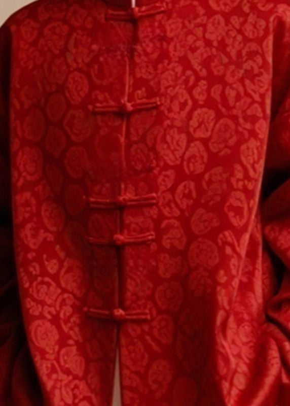 Jacquard Red Stand Collar Button Silk Cotton Fall Coats