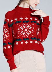 Jacquard Red Turtleneck Cozy Cashmere Knit Sweater Winter