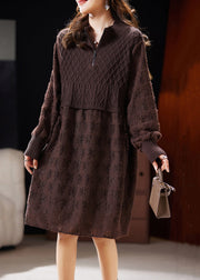 Jacquard Rose Zip Up Patchwork Knit Mid Dress Long Sleeve