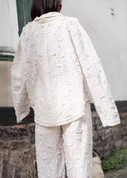 Jacquard White Button Cotton Shirts And Pants Sets 2 Pieces Long Sleeve