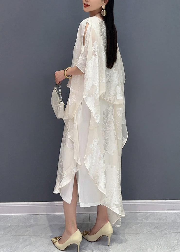 Jacquard White O-Neck Silk Long Dress Summer