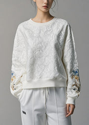 Jacquard White O Neck Solid Cotton Sweatshirt Fall