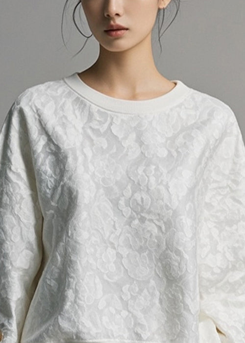 Jacquard White O Neck Solid Cotton Sweatshirt Fall